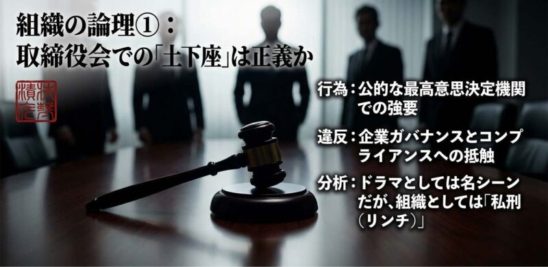取締役会での土下座強要が企業ガバナンスとコンプライアンス違反にあたる理由を解説した図