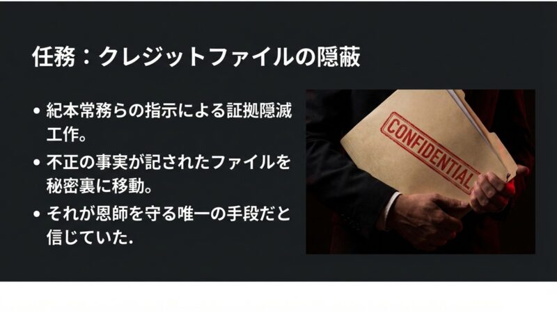 恩師を守るために「CONFIDENTIAL」と記されたクレジットファイルの隠蔽工作を行う様子