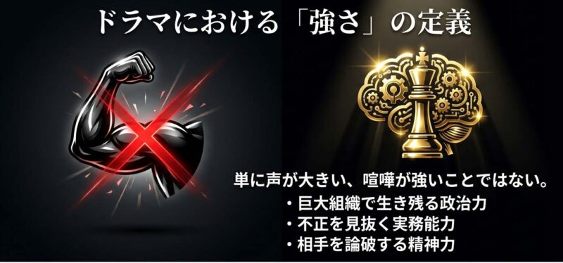 ドラマにおける強さの定義は腕力ではなく政治力や実務能力であることの解説図