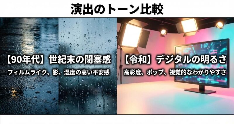 90年代のフィルムライクで湿度の高い演出と令和の高彩度でポップな演出の比較