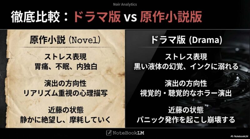 ドラマ版のホラー演出と原作小説の心理描写の違いをまとめた比較表