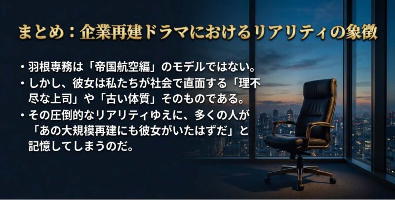 企業再建ドラマにおけるリアリティの象徴としての羽根専務まとめ