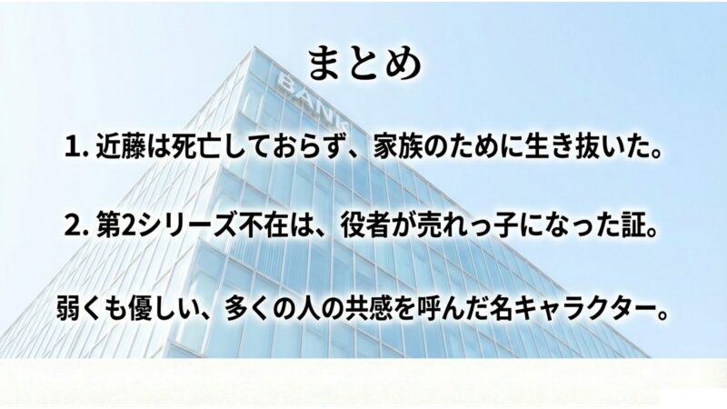 近藤は死亡しておらず家族のために生き抜いたこと、第2シリーズの不在は役者が売れっ子になった証拠であることをまとめたスライド