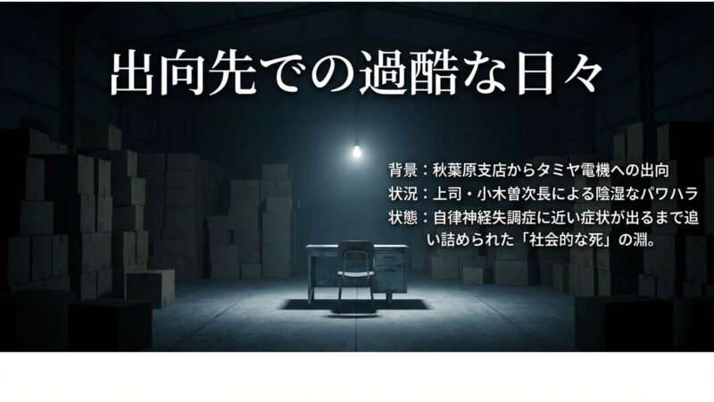 上司からの陰湿なパワハラにより自律神経失調症に近い症状が出るまで追い詰められた近藤の状況を解説するスライド