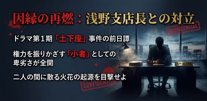 ドラマ第1期で土下座事件を起こした浅野支店長と半沢直樹の間に、大阪西支店時代から続く深い因縁と対立があったことを示す「エピソード・ゼロ」の解説スライド。