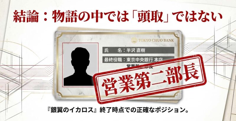 結論:物語の中では半沢直樹は頭取ではなく、最終役職は東京中央銀行本店営業第二部長である