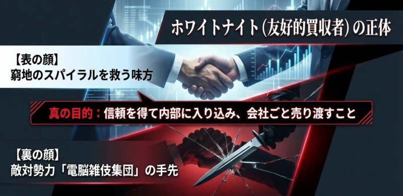 スライド資料：郷田行成の表の顔と裏の顔。ホワイトナイトとしての救済と電脳雑伎集団の手先という真の目的。