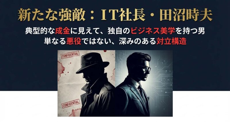 独自のビジネス美学を持つIT社長・田沼時夫のキャラクター像と、彼が単なる悪役ではなく深みのある対立相手であることを紹介したスライド。