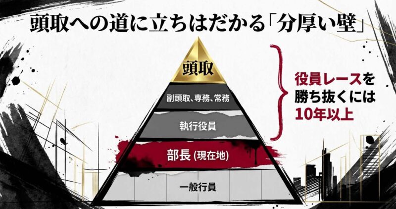 営業第二部長から頭取になるまでに立ちはだかる執行役員・常務・専務・副頭取という分厚い壁の階層図