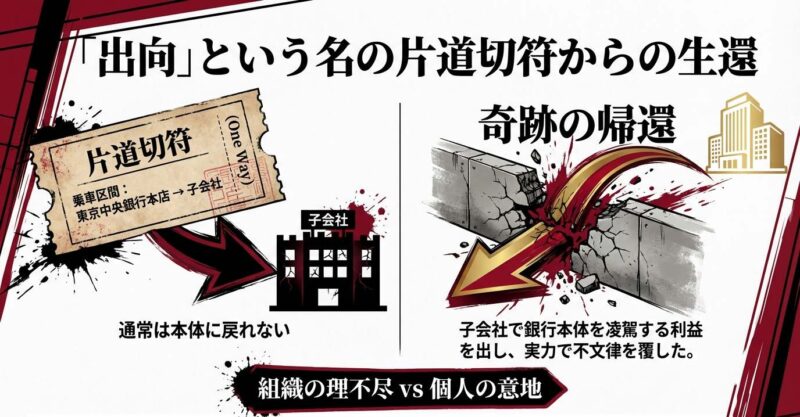 銀行から子会社への出向という片道切符の不文律を実力で覆し奇跡の帰還を果たすイメージ図