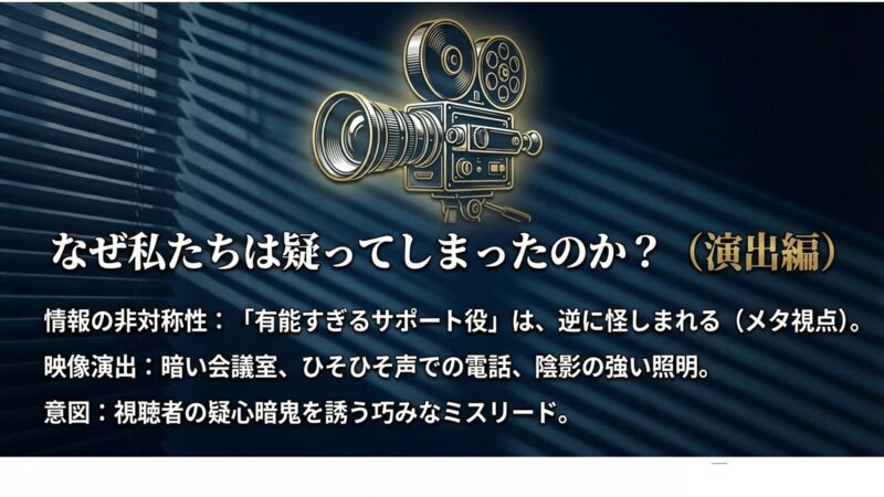 情報の非対称性や暗い会議室でのひそひそ声など、視聴者をミスリードした映像演出