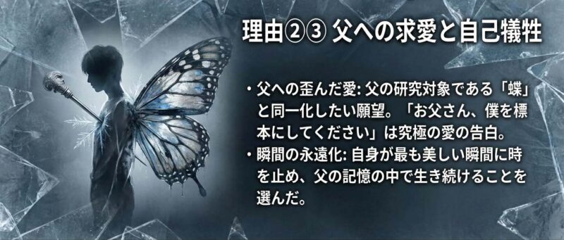 至が標本になった真の理由。父・史朗への歪んだ愛と求愛行動、最も美しい瞬間に時を止める自己犠牲の美学について