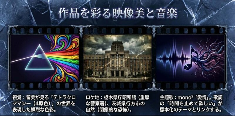 ドラマ人間標本の映像美と音楽の考察。テトラクロマシーの色彩表現やロケ地（栃木県庁昭和館）、主題歌mono2「愛情」が示す標本化のテーマについて