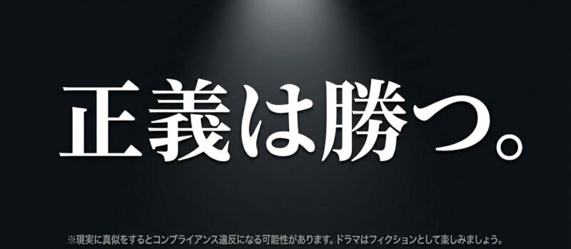 正義は勝つというメッセージが書かれたエンディングスライド