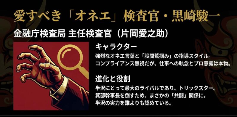 片岡愛之助演じる黒崎駿一の強烈なキャラクター性と、半沢直樹とのライバル関係から共闘関係への進化をまとめたスライド。
