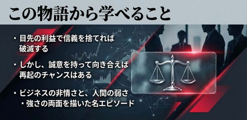 スライド資料：この物語から学べること。目先の利益と信義、ビジネスの非情さと誠意による再起のチャンス。