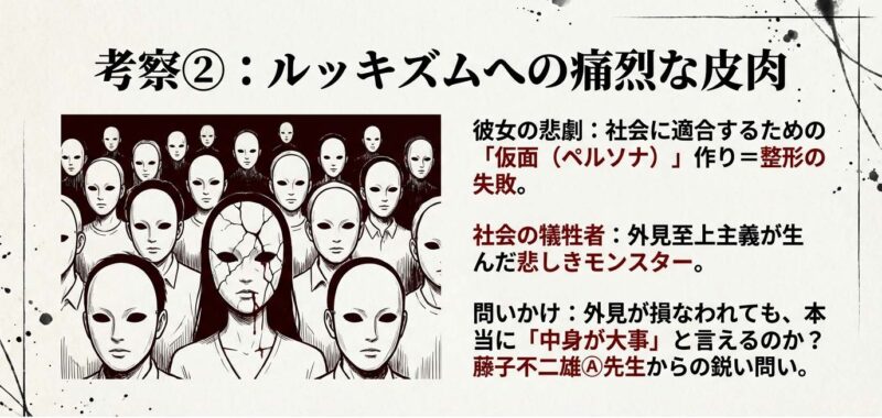 無数の仮面と割れた顔の女性のイラスト。現代社会のルッキズム批判と、外見が損なわれても中身を愛せるかというテーマの考察