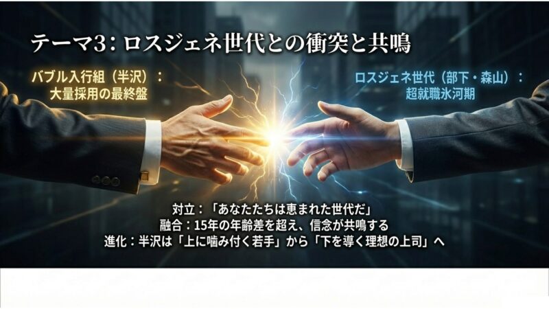 バブル入行組の半沢直樹と、超就職氷河期を経験したロスジェネ世代の部下・森山との対立と世代を超えた共鳴