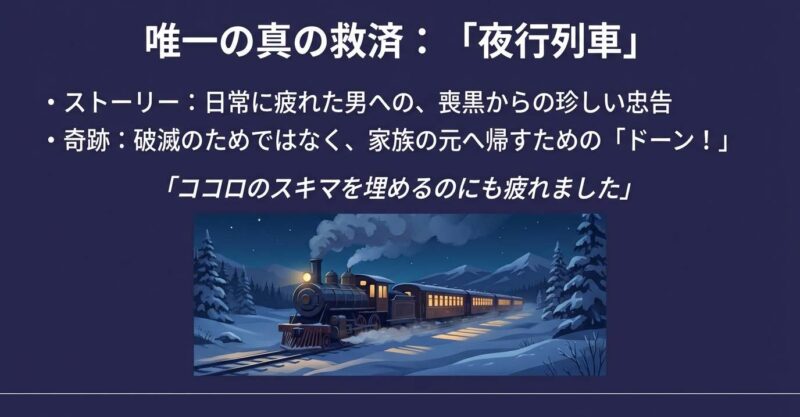 喪黒福造が主人公を破滅させず家族の元へ帰した奇跡のエピソード「夜行列車」の解説と雪景色のイラスト