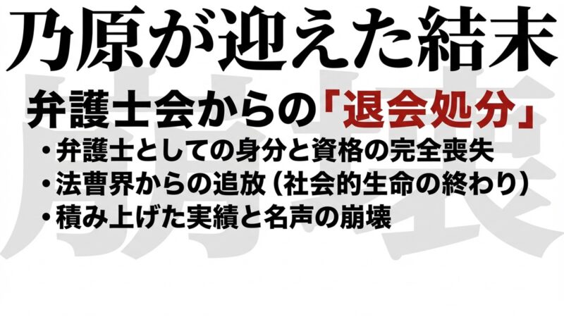 弁護士としての身分と資格を喪失し、法曹界から追放された乃原の結末を示すスライド