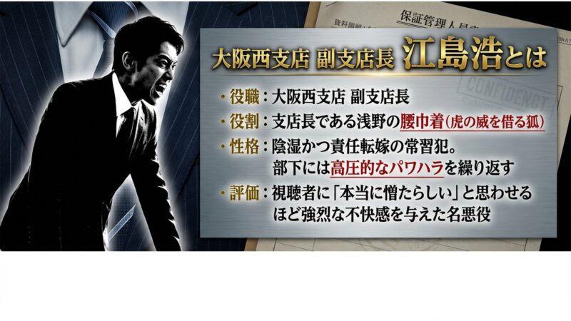 大阪西支店副支店長 江島浩の役職・役割・性格・評価をまとめたプロフィール資料