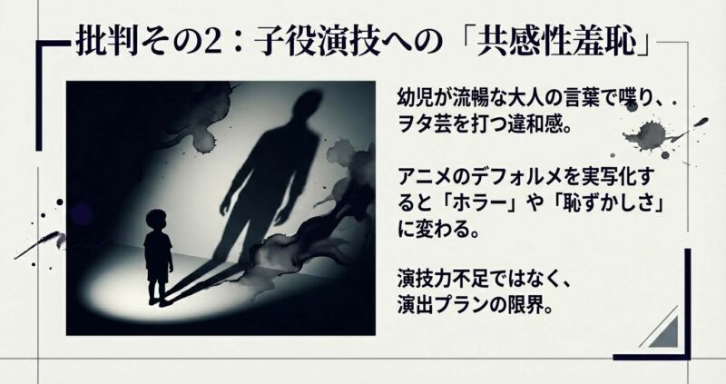 子供のシルエットから伸びる大人の影。幼児が大人の言葉を話す違和感と演出の限界について解説したスライド