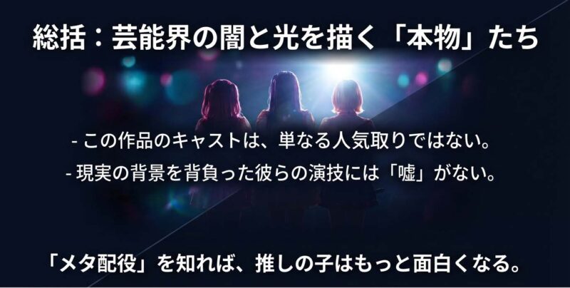 記事のまとめスライド。「メタ配役」によって現実の背景を背負ったキャストたちの演技には嘘がないことを総括している。