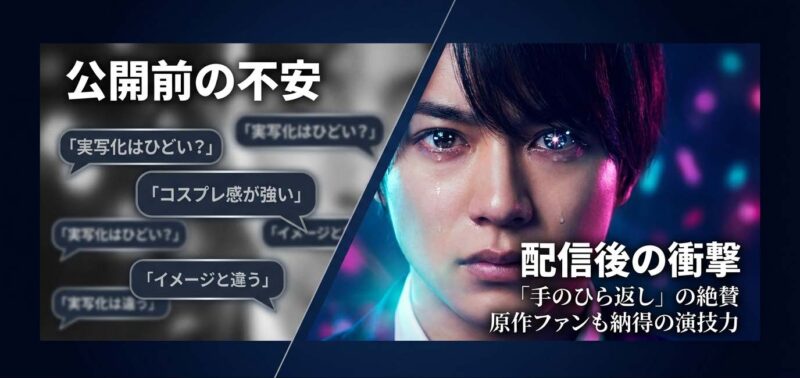 実写ドラマ公開前の「コスプレ感が強い」という不安の声と、配信後の「原作ファンも納得」という絶賛の声を対比させたスライド。