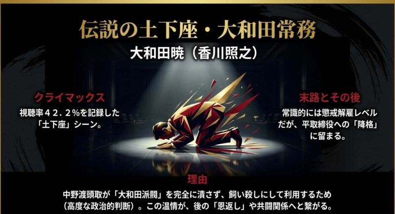 視聴率42.2%を記録した大和田常務の土下座シーンと、懲戒解雇ではなく降格に留まった頭取の政治的判断についての解説。