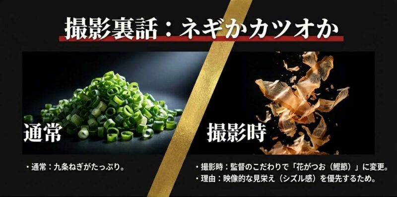 ドラマ撮影時に変更された豚玉チーズダブルのトッピング（ネギとカツオ節）の裏話