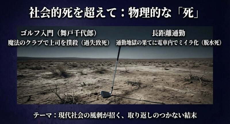 「ゴルフ入門」での過失致死や「長距離通勤」でのミイラ化など、物理的な死を迎えたエピソードの紹介