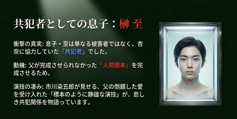 榊至（市川染五郎）の正体についての考察。被害者ではなく、父の願いである「人間標本」を完成させるために動いていた共犯者としての顔と、その静謐な狂気について。
