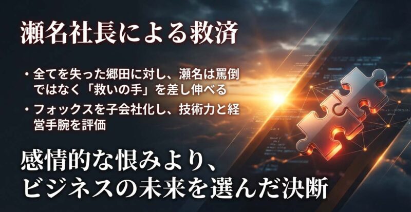スライド資料：瀬名社長による救済。全てを失った郷田に対し、罵倒ではなく救いの手を差し伸べたビジネスの決断。