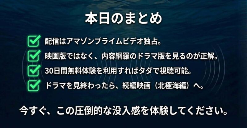 配信はAmazon独占、映画版よりドラマ版を見るべき、無料体験が利用可能、というポイントのまとめ