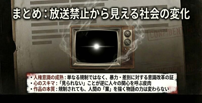 放送禁止規制から読み解く人権意識の成熟と作品の本質についてのまとめスライド