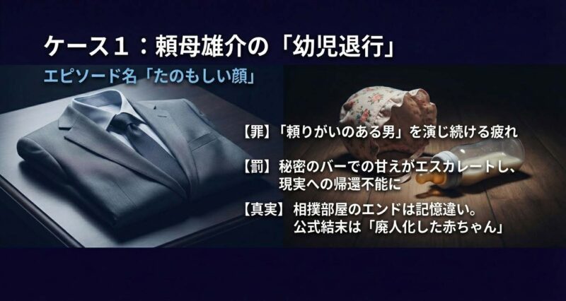 エピソード「たのもしい顔」における頼母雄介の罪と罰、そして廃人化した赤ちゃんという公式結末の解説
