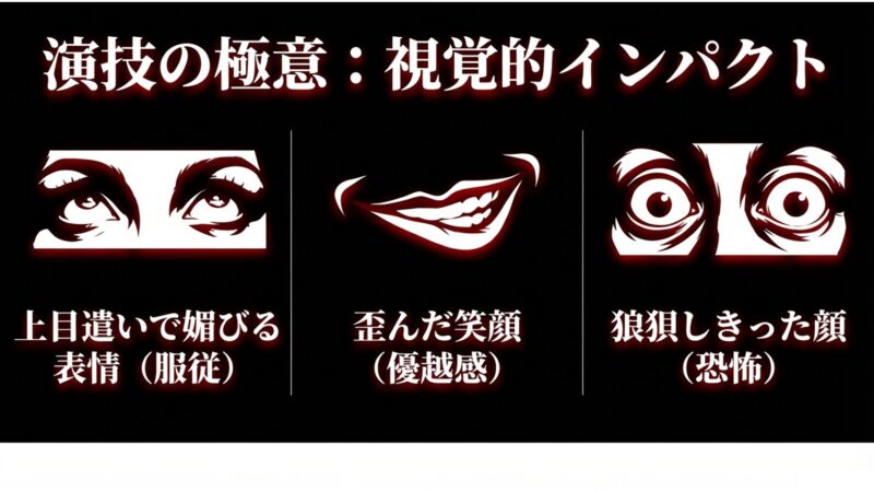 上目遣いで媚びる服従の表情、歪んだ笑顔による優越感、狼狽しきった顔による恐怖など、多彩な視覚的インパクト