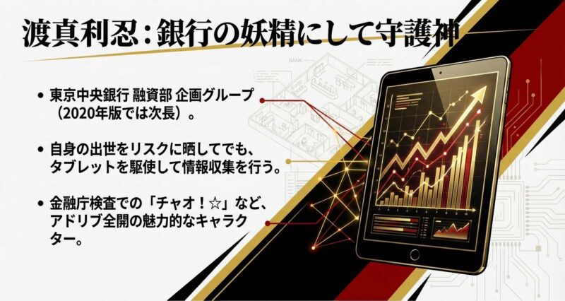 タブレットを持つ渡真利忍のイラスト。銀行の妖精にして守護神、情報収集能力の高さを示す。