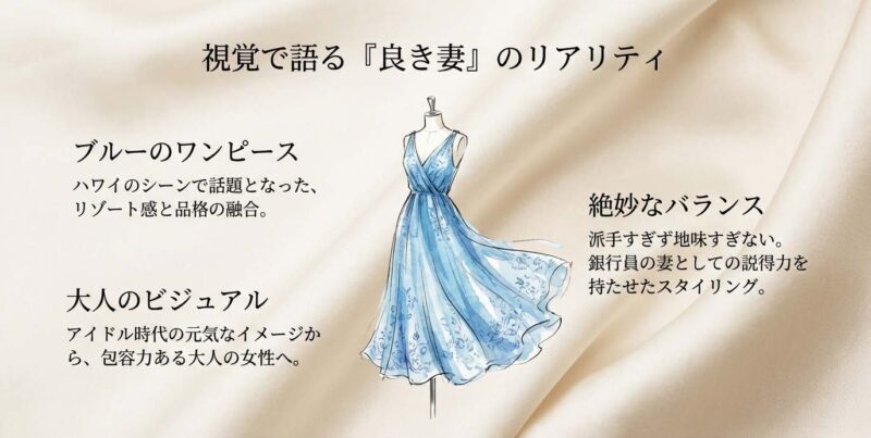 ドラマ半沢直樹のハワイシーンで上戸彩が着用し話題となった、リゾート感と品格を兼ね備えたブルーのワンピースのイラスト