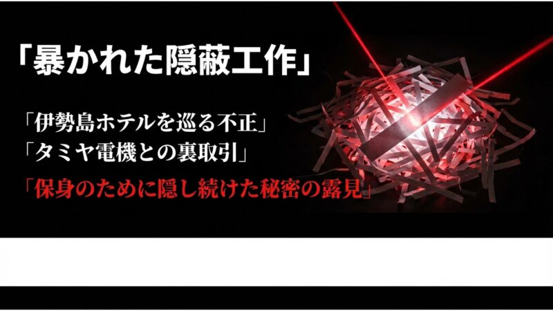 伊勢島ホテルを巡る不正やタミヤ電機との裏取引など、保身のために隠し続けた秘密が露見するプロセス