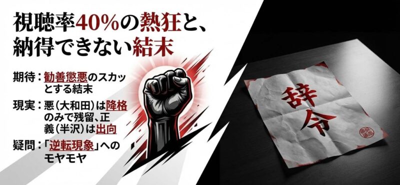 半沢直樹最終回における勧善懲悪の期待と、大和田残留・半沢出向という現実の比較図