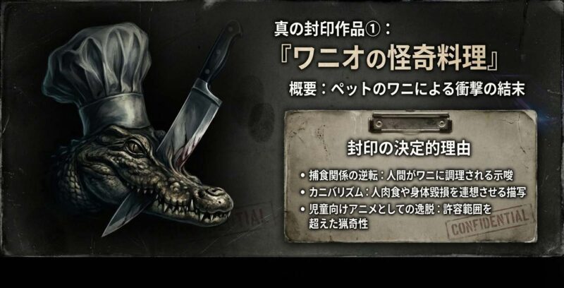 ワニオの怪奇料理が封印された理由(捕食関係の逆転、カニバリズム)をまとめたスライド