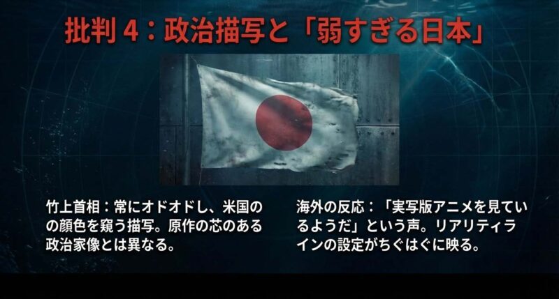 沈黙の艦隊ドラマ版の批判点 竹上首相のオドオドした描写と海外からの実写版アニメという反応