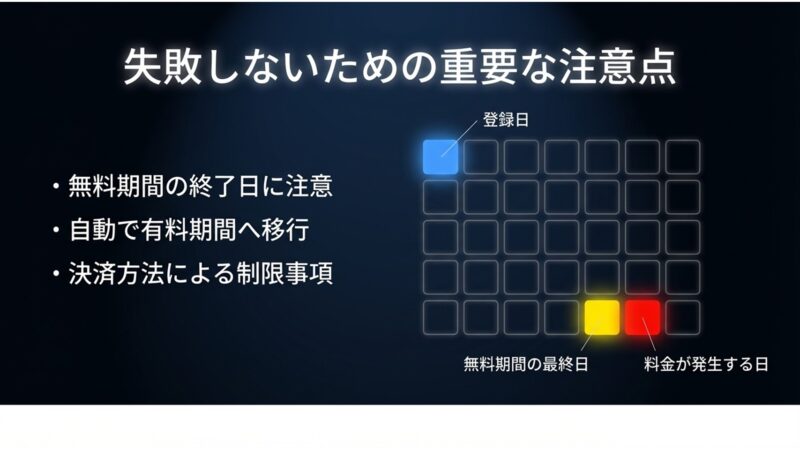 U-NEXTの登録日、無料期間最終日、料金発生日の関係と注意点を示したスライド