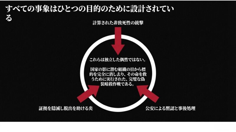 計算された銃撃や隠滅工作など、すべての事象が標的の命を救うための完璧な偽装暗殺作戦であることを示す図解