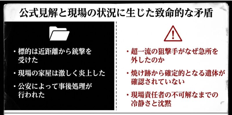 遺体が確認されていない点など、公式見解と現場の状況に生じた致命的な矛盾をまとめたスライド