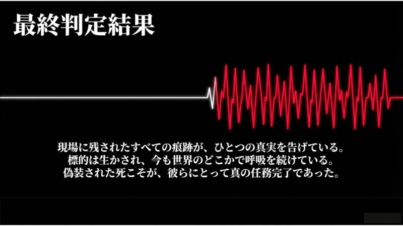 現場に残された痕跡から、標的は生かされており偽装された死こそが真の任務完了であるとする最終判定結果