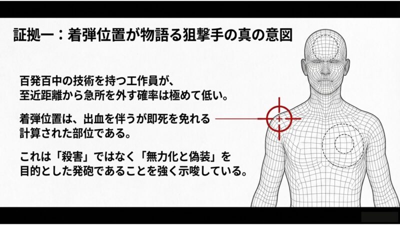 着弾位置が物語る狙撃手の真の意図と、殺害ではなく無力化と偽装を目的とした発砲を示す図解
