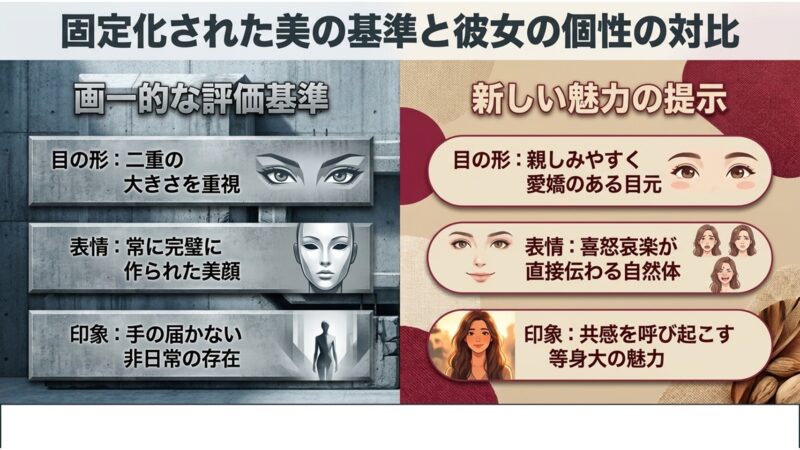 画一的な評価基準である二重まぶたや作られた美顔に対し、親しみやすさや豊かな感情表現といった新しい魅力の対比を示す図解