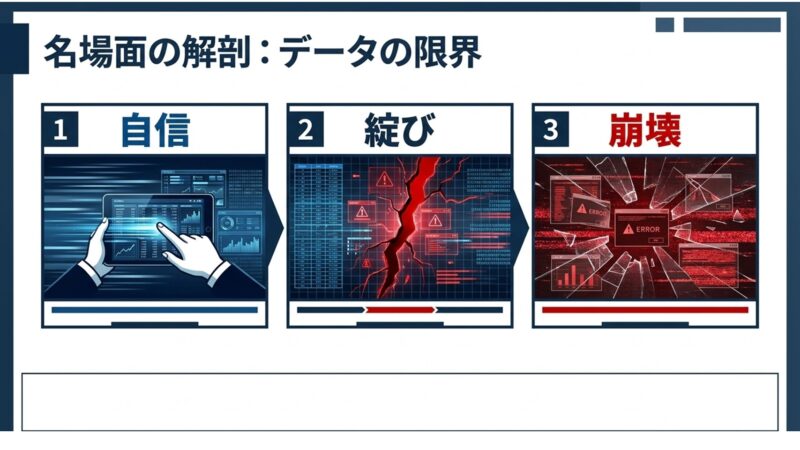 自信から綻び、そして崩壊へと至るデータの限界を示すエラー画面